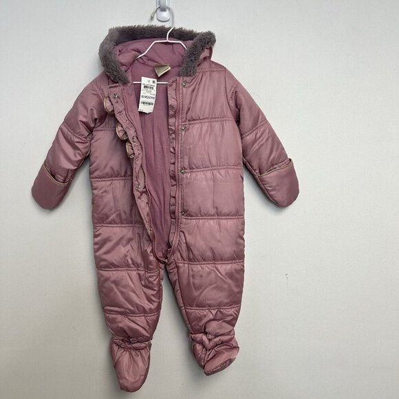 First Impressions Baby Girls Bow Faux Fur Trim Snowsuit 18 Months Dusty Pink - Picture 1 of 9